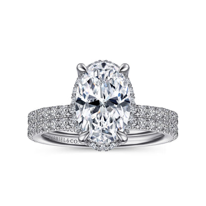 Platinum Hidden Halo Oval Diamond Engagement Ring — Gabriel & Co. ER14719O8PT4JJ; center stone shown for illustration, not included
