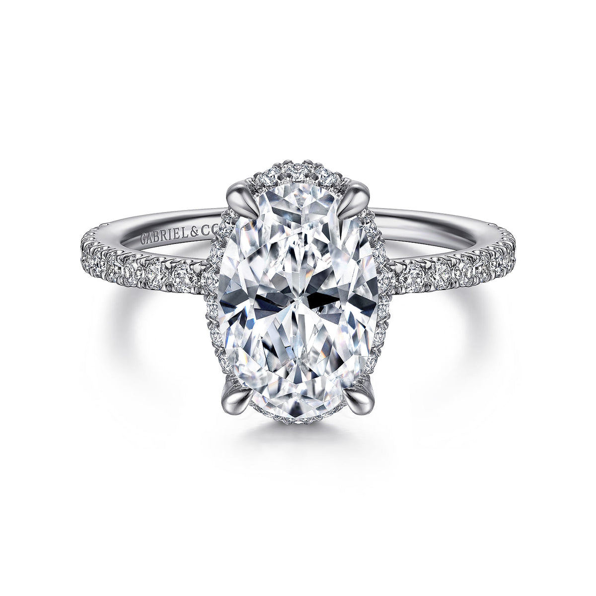 14K White Gold Hidden Halo Oval Diamond Engagement Ring — Gabriel & Co. ER14719O8W44JJ; center stone shown for illustration, not included