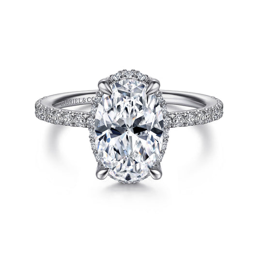 14K White Gold Hidden Halo Oval Diamond Engagement Ring — Gabriel & Co. ER14719O8W44JJ; center stone shown for illustration, not included