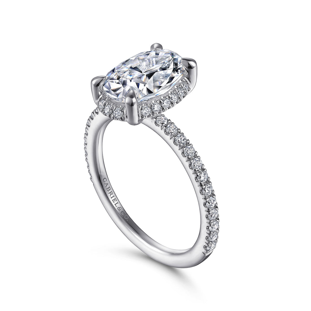 14K White Gold Hidden Halo Oval Diamond Engagement Ring — Gabriel & Co. ER14719O8W44JJ; center stone shown for illustration, not included