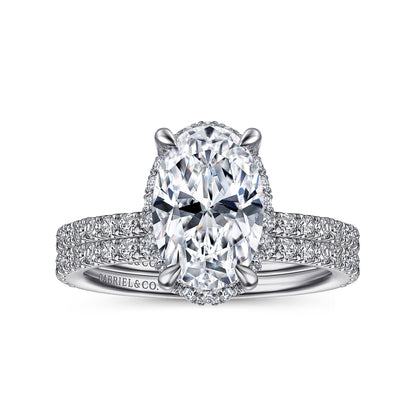 14K White Gold Hidden Halo Oval Diamond Engagement Ring — Gabriel & Co. ER14719O8W44JJ; center stone shown for illustration, not included