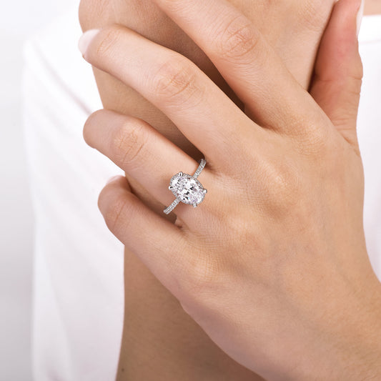 14K White Gold Hidden Halo Oval Diamond Engagement Ring — Gabriel & Co. ER14719O8W44JJ; center stone shown for illustration, not included