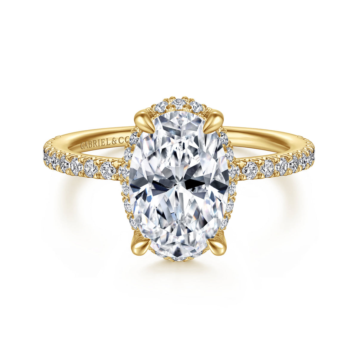 14K Yellow Gold Hidden Halo Oval Diamond Engagement Ring — Gabriel & Co. ER14719O8Y44JJ; center stone shown for illustration, not included