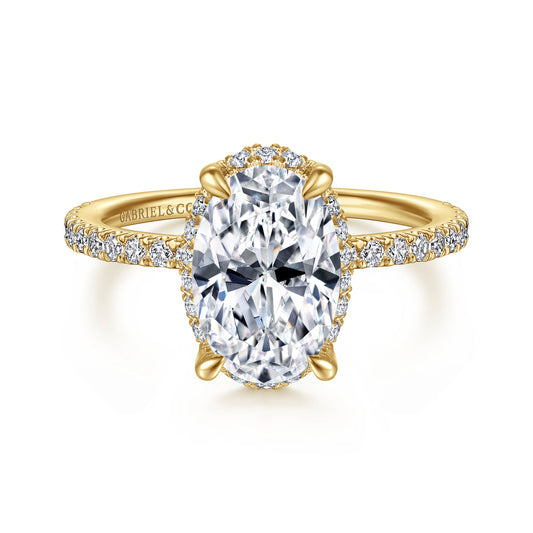 14K Yellow Gold Hidden Halo Oval Diamond Engagement Ring — Gabriel & Co. ER14719O8Y44JJ; center stone shown for illustration, not included