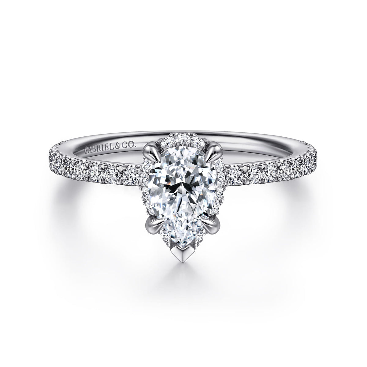 14K White Gold Hidden Halo Pear Shape Diamond Engagement Ring — ER14719P4W44JJ; center stone shown for illustration, not included
