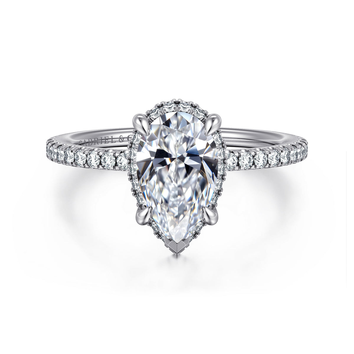 14K White Gold Hidden Halo Pear Shape Diamond Engagement Ring — ER14719P6W44JJ; center stone shown for illustration, not included