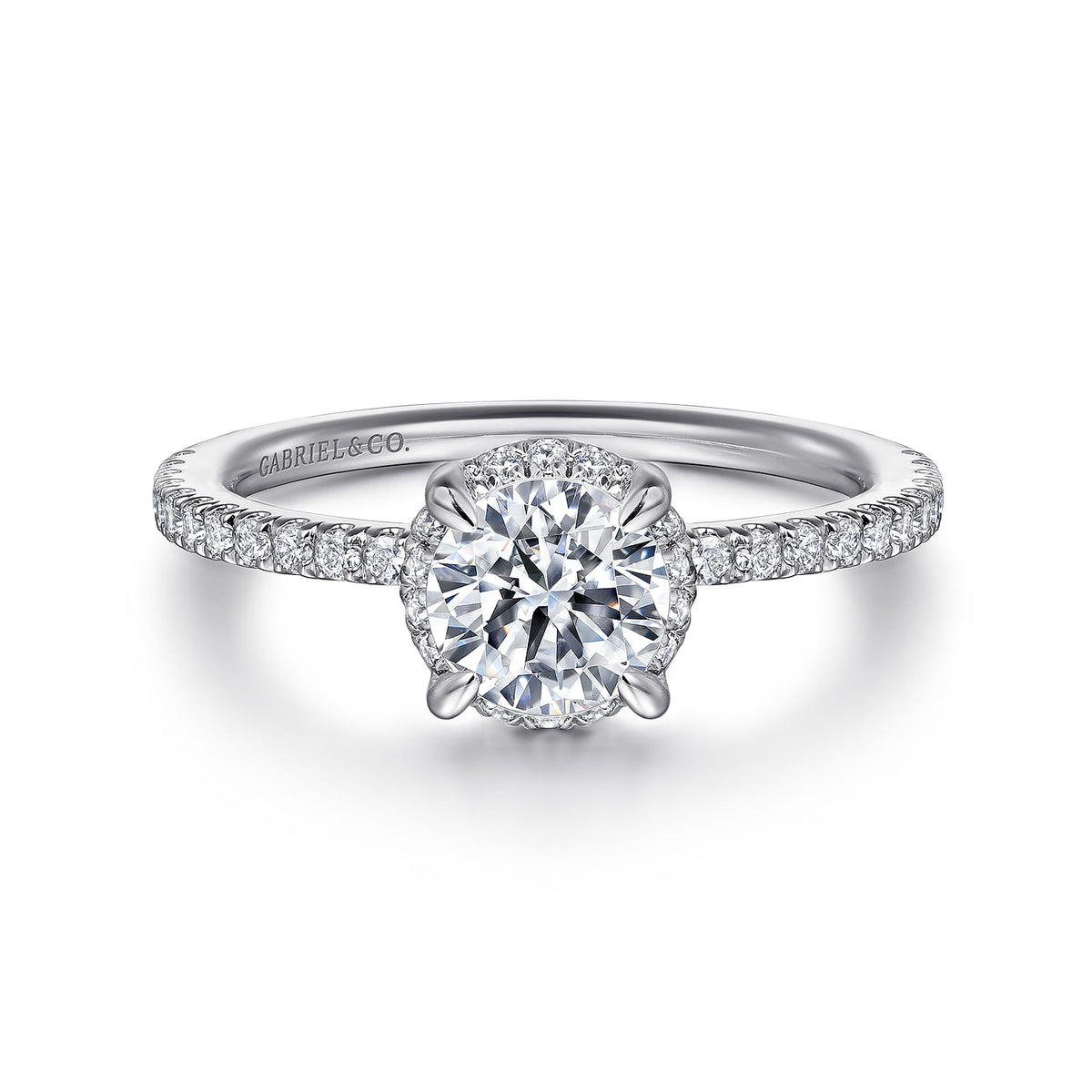 14K White Gold Hidden Halo Diamond Engagement Ring — ER14719R3W44JJ; center stone shown for illustration, not included