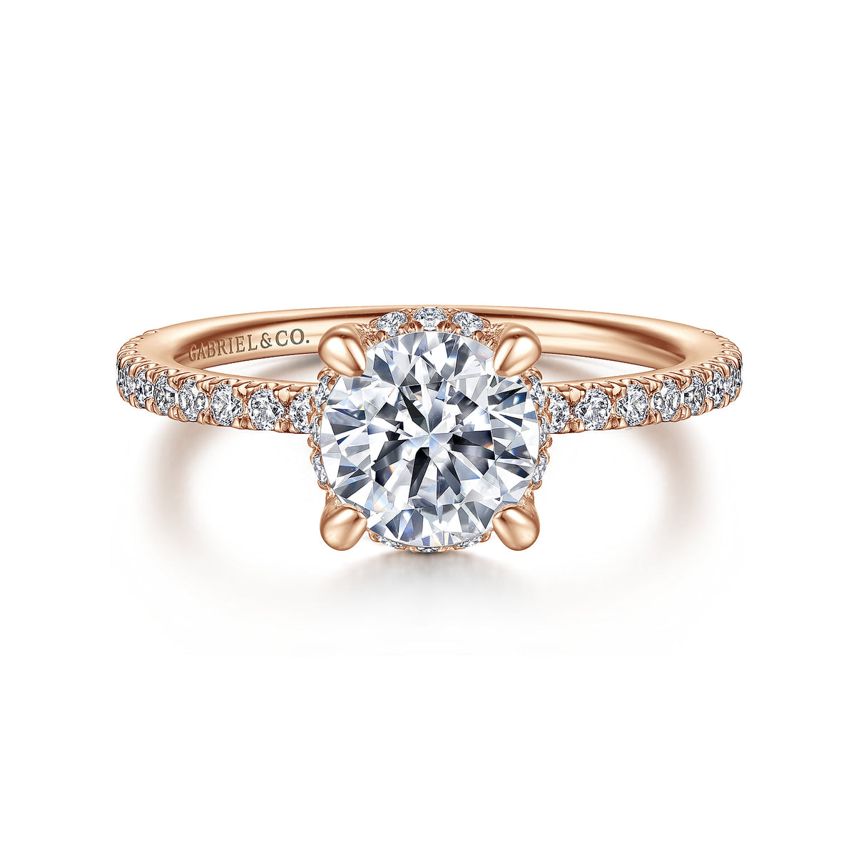 14K Rose Gold Hidden Halo Round Diamond Engagement Ring — ER14719R4K44JJ; center stone shown for illustration, not included