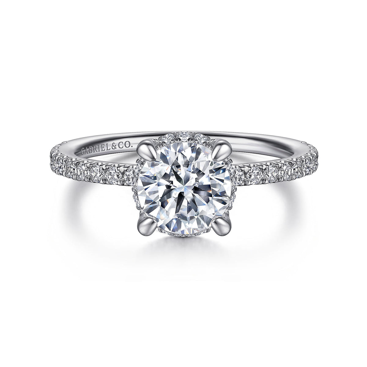 Platinum Hidden Halo Round Diamond Engagement Ring — ER14719R4PT4JJ; center stone shown for illustration, not included