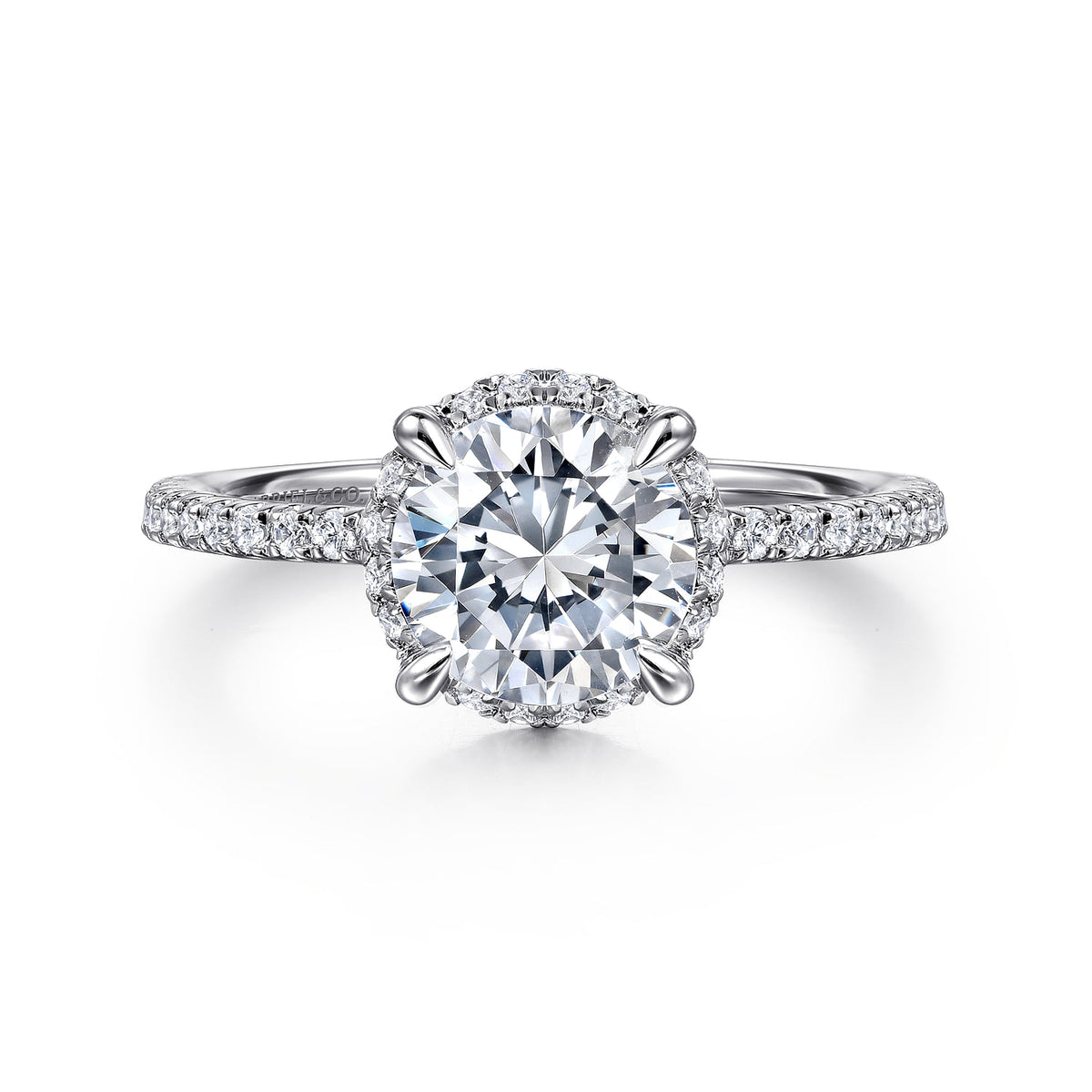 14K White Gold Hidden Halo Round Diamond Engagement Ring — ER14719R6W44JJ; center stone shown for illustration, not included
