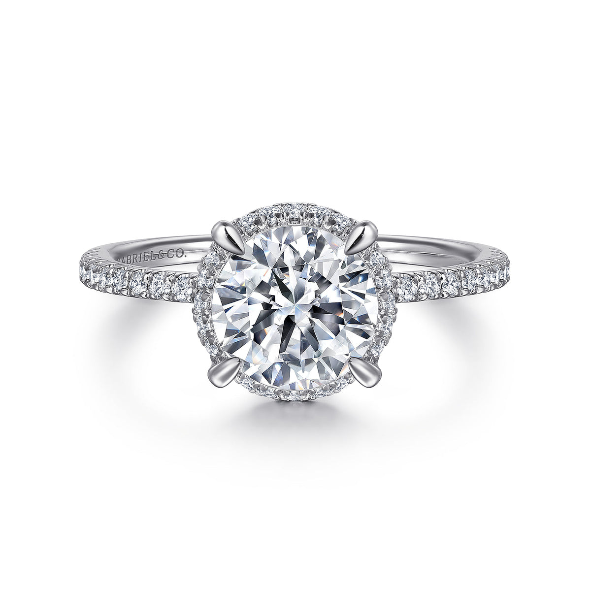 14K White Gold Hidden Halo Round Diamond Engagement Ring — Gabriel & Co. ER14719R8W44JJ; center stone shown for illustration, not included