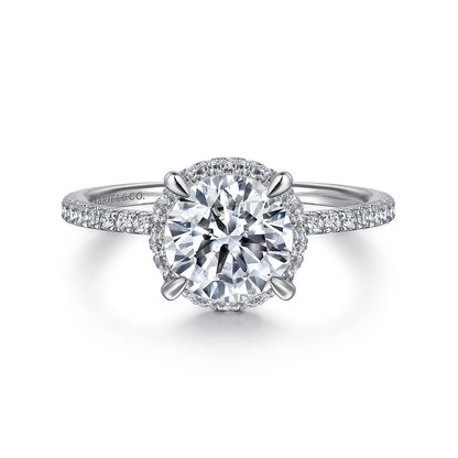 14K White Gold Hidden Halo Round Diamond Engagement Ring — Gabriel & Co. ER14719R8W44JJ; center stone shown for illustration, not included