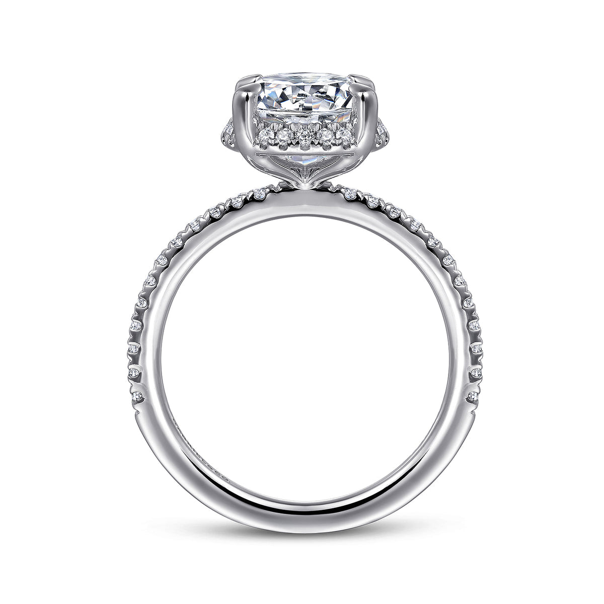 14K White Gold Hidden Halo Round Diamond Engagement Ring — Gabriel & Co. ER14719R8W44JJ; center stone shown for illustration, not included