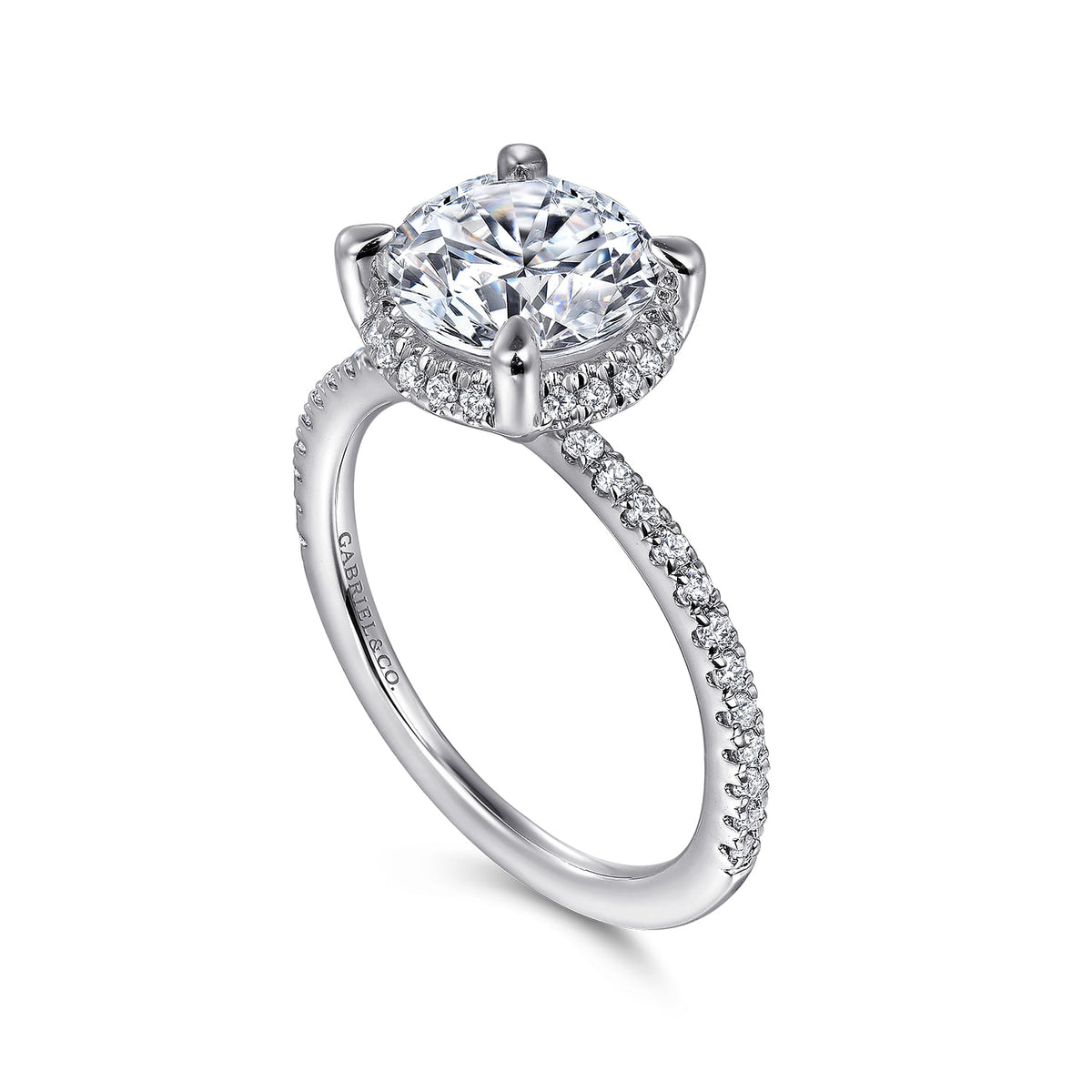 14K White Gold Hidden Halo Round Diamond Engagement Ring — Gabriel & Co. ER14719R8W44JJ; center stone shown for illustration, not included