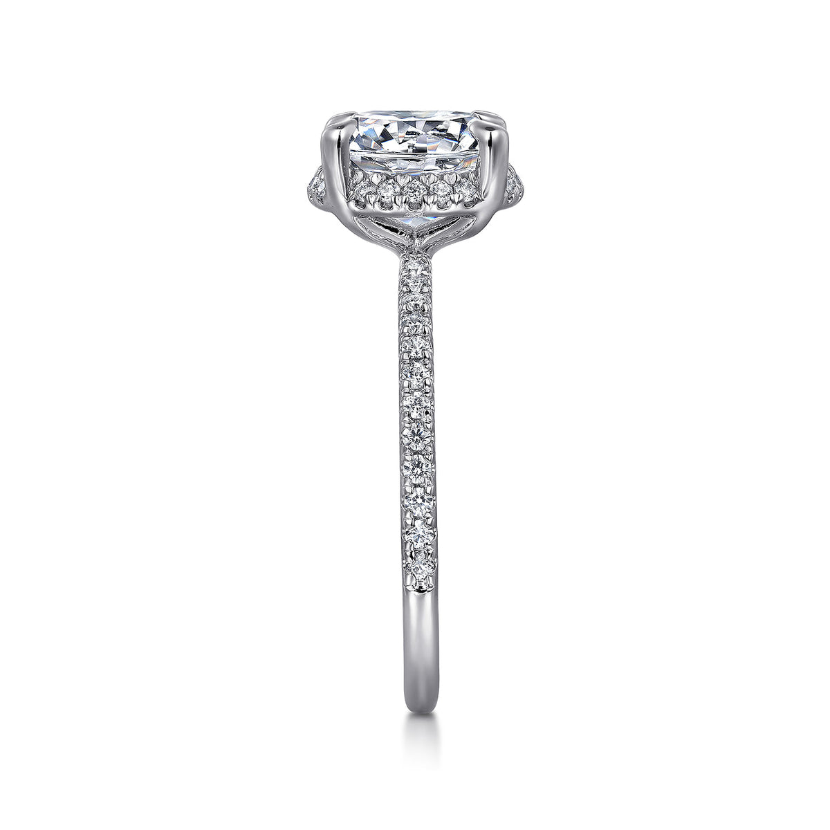 14K White Gold Hidden Halo Round Diamond Engagement Ring — Gabriel & Co. ER14719R8W44JJ; center stone shown for illustration, not included