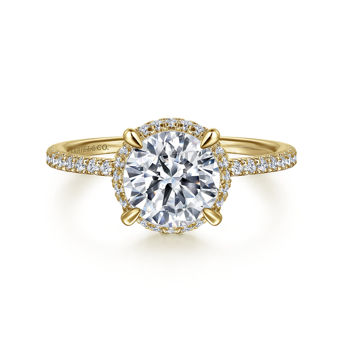 14K Yellow Gold Hidden Halo Round Diamond Engagement Ring — Gabriel & Co. ER14719R8Y44JJ; center stone shown for illustration, not included