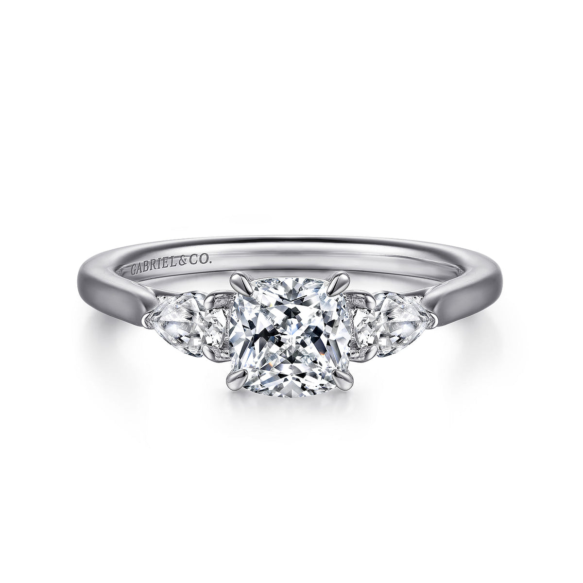 14K White Gold Cushion Cut 3 Stone Diamond Engagement Ring — ER14794C4W44JJ; center stone shown for illustration, not included