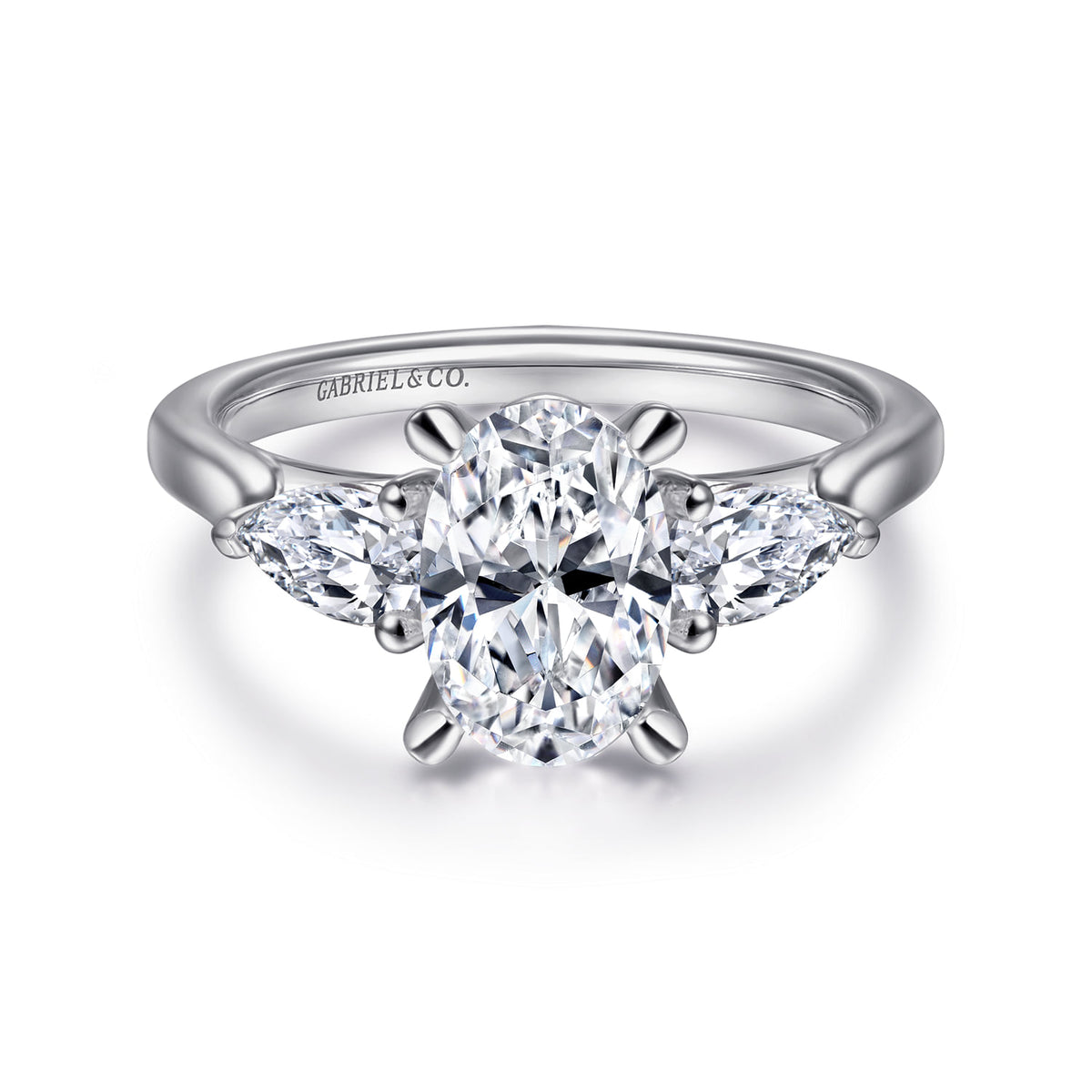 14K White Gold Oval Three Stone Diamond Engagement Ring — ER14794O6W44JJ; center stone shown for illustration, not included