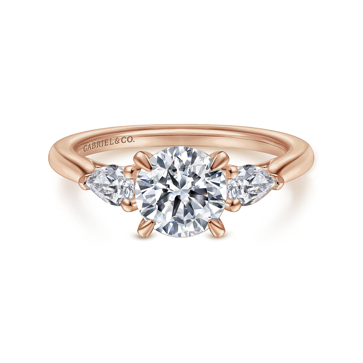 14K Rose Gold Round Three Stone Diamond Engagement Ring — ER14794R4K44JJ; center stone shown for illustration, not included