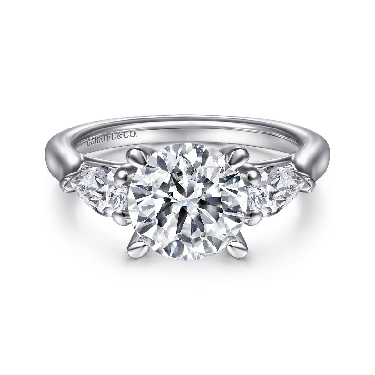 14K White Gold Round 3 Stone Diamond Engagement Ring — Gabriel & Co. ER14794R8W44JJ; center stone shown for illustration, not included