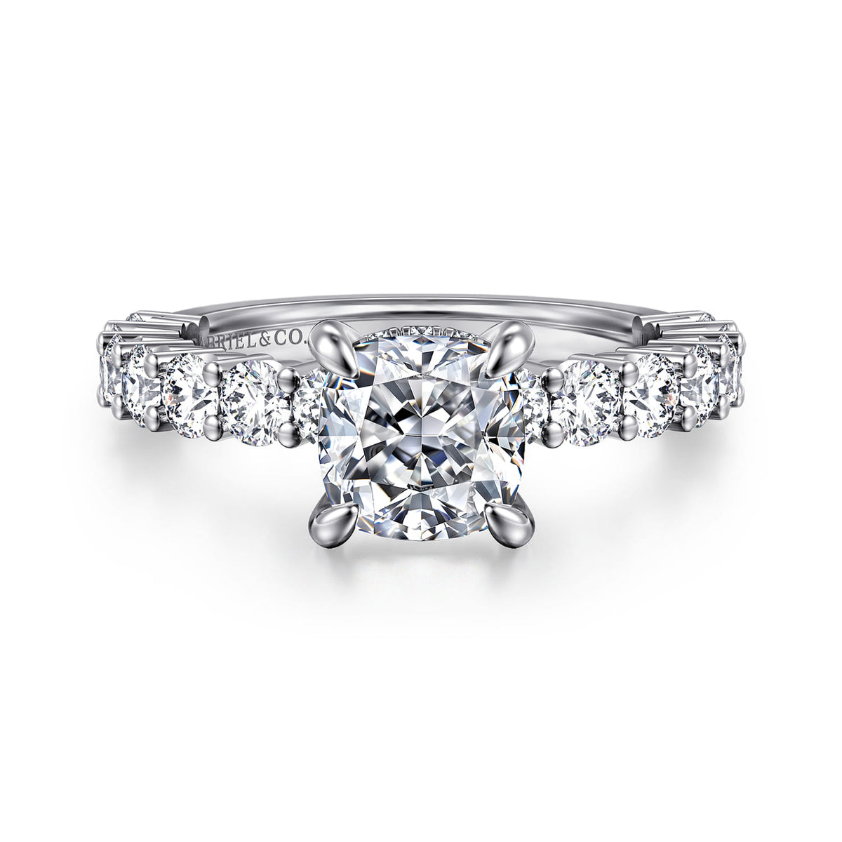 14K White Gold Cushion Cut Diamond Engagement Ring — ER14893C6W44JJ; center stone shown for illustration, not included