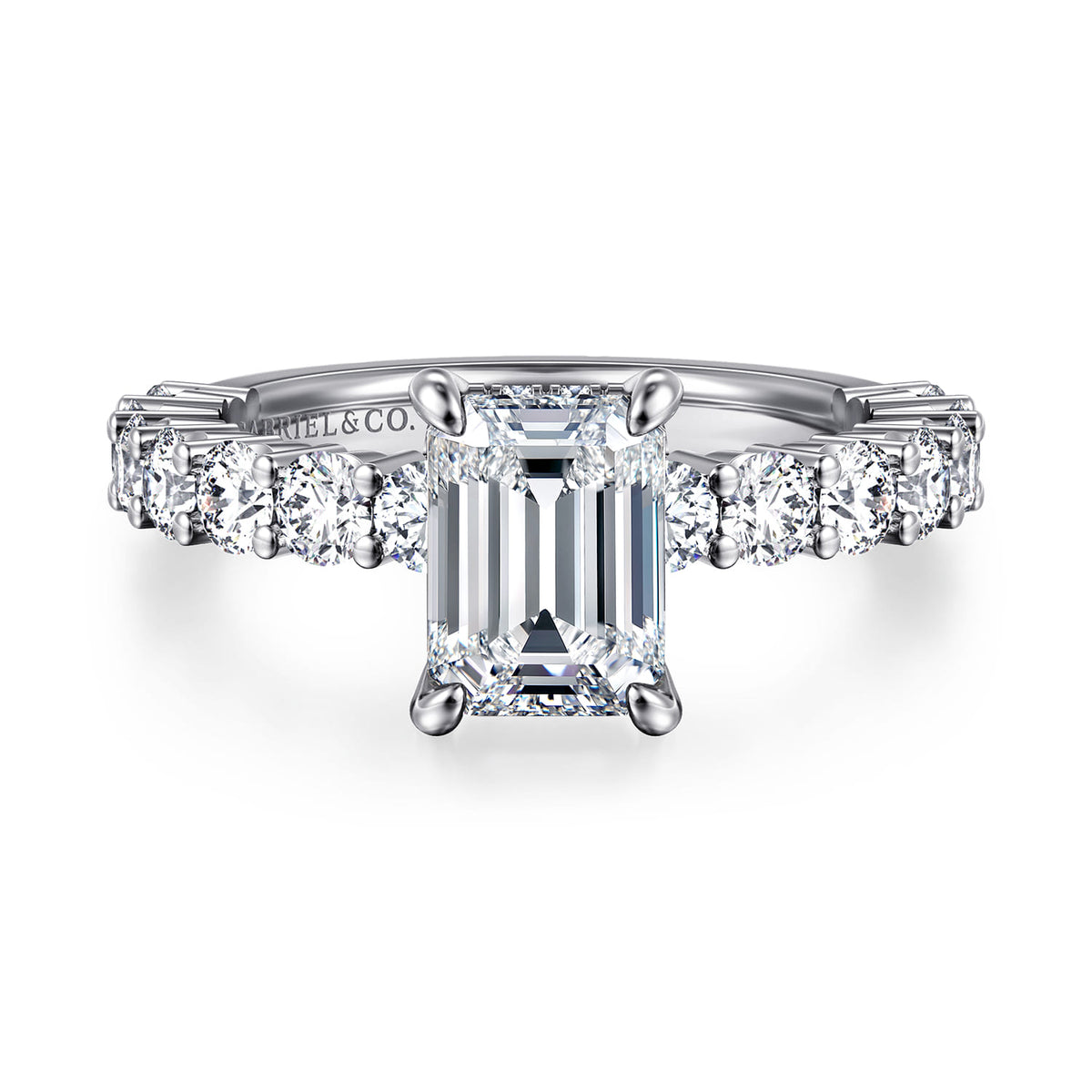 14K White Gold Emerald Cut Diamond Engagement Ring — ER14893E6W44JJ; center stone shown for illustration, not included