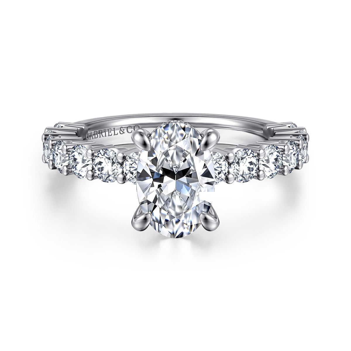 14K White Gold Oval Diamond Engagement Ring — ER14893O6W44JJ; center stone shown for illustration, not included