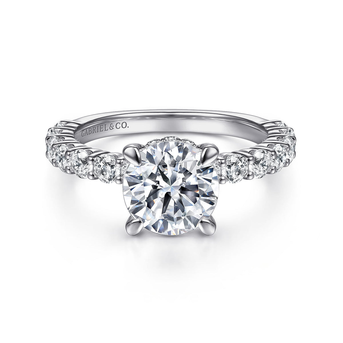 Platinum Round Diamond Engagement Ring — Gabriel & Co. ER14893R8PT4JJ; center stone shown for illustration, not included