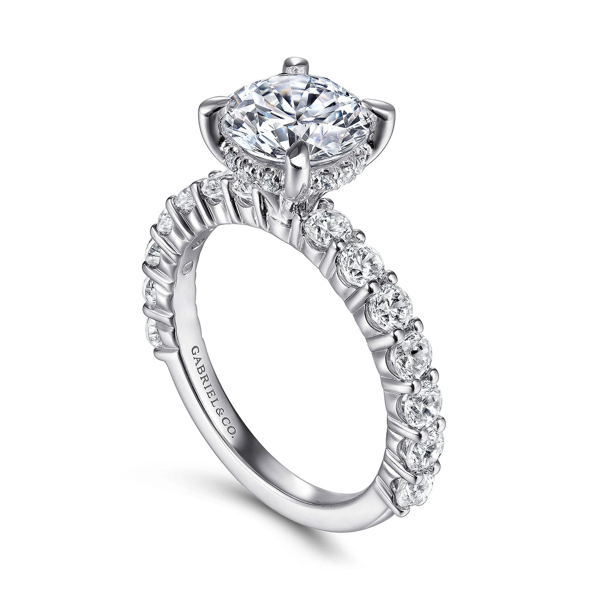 Platinum Round Diamond Engagement Ring — Gabriel & Co. ER14893R8PT4JJ; center stone shown for illustration, not included