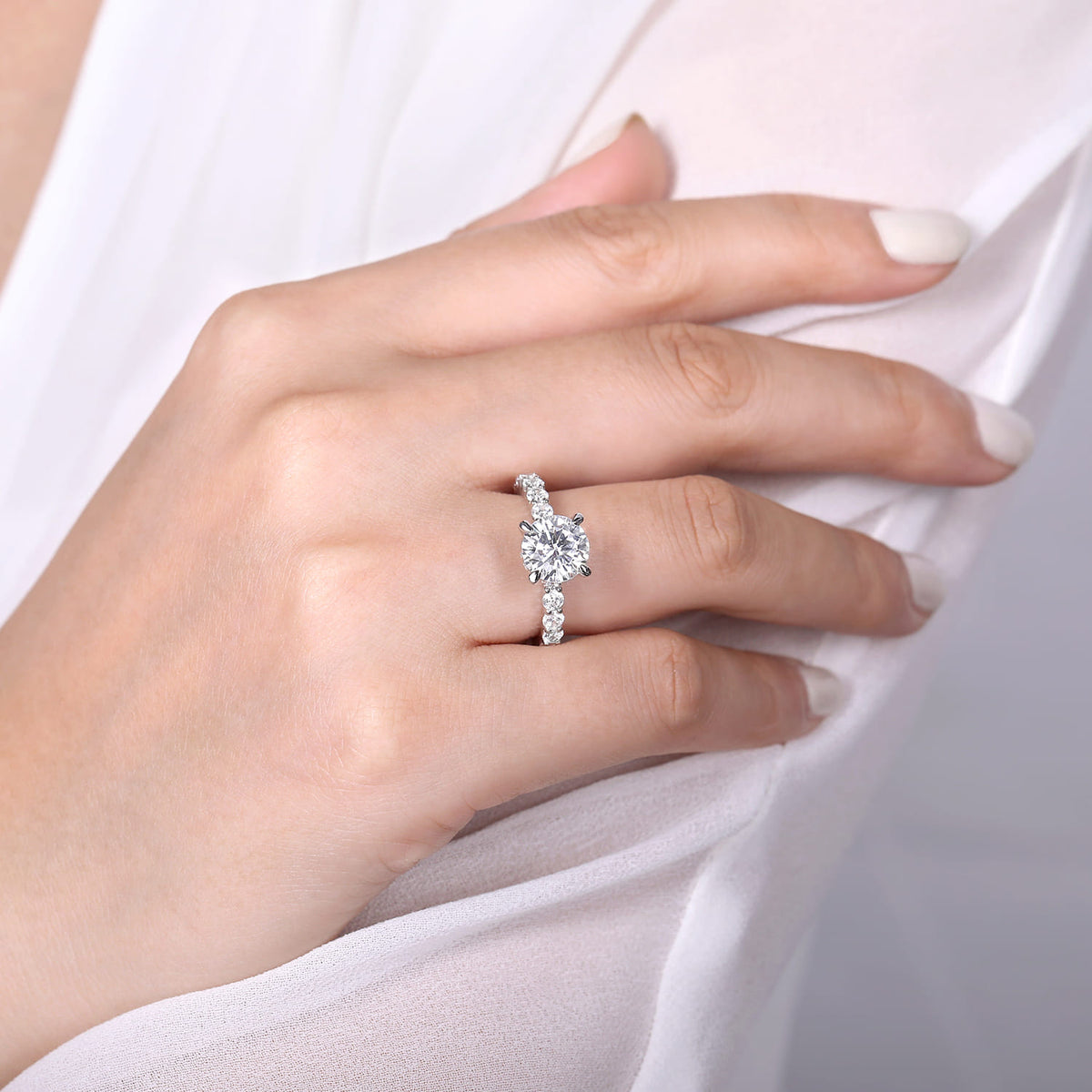 Platinum Round Diamond Engagement Ring — Gabriel & Co. ER14893R8PT4JJ; center stone shown for illustration, not included