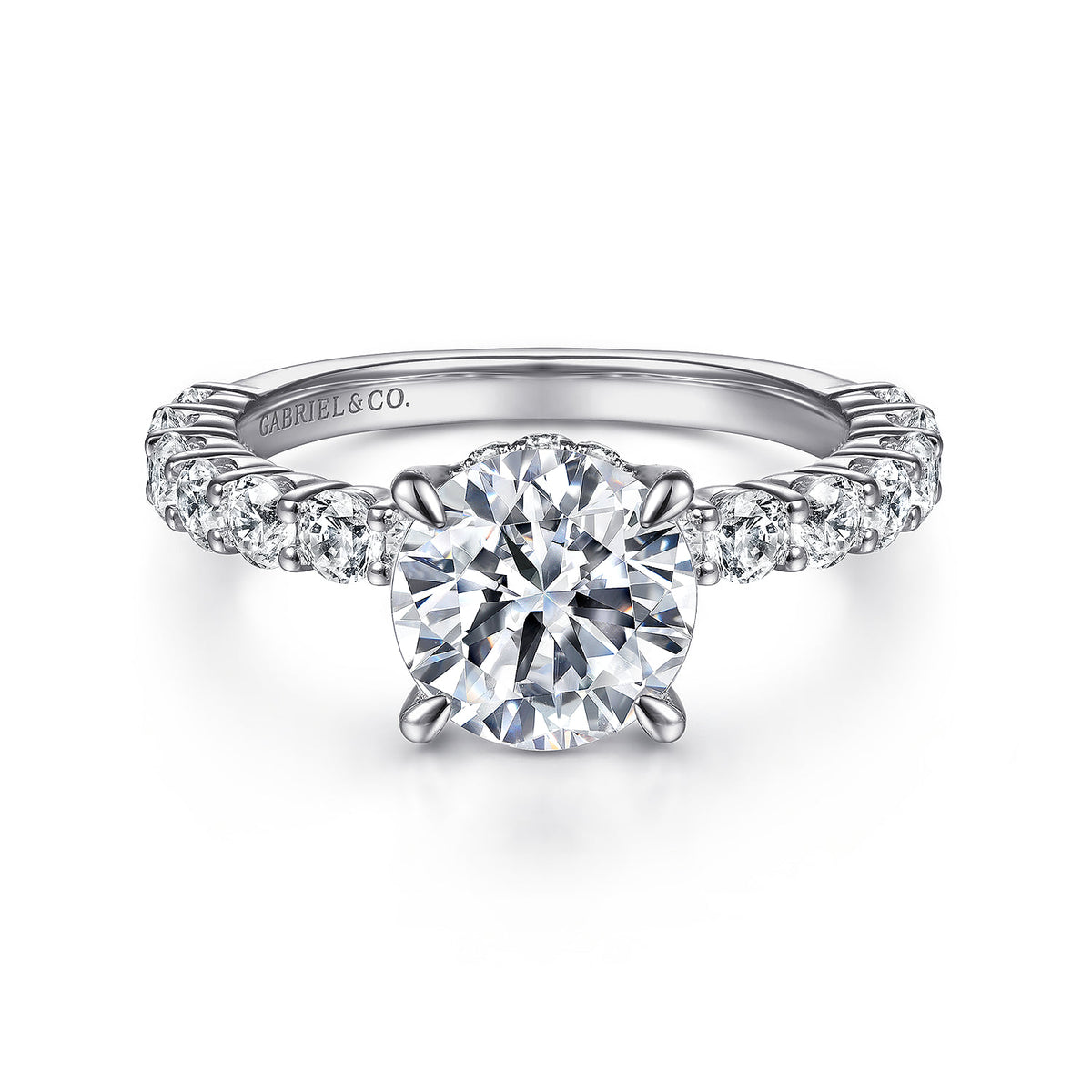 14K White Gold Round Diamond Engagement Ring — Gabriel & Co. ER14893R8W44JJ; center stone shown for illustration, not included