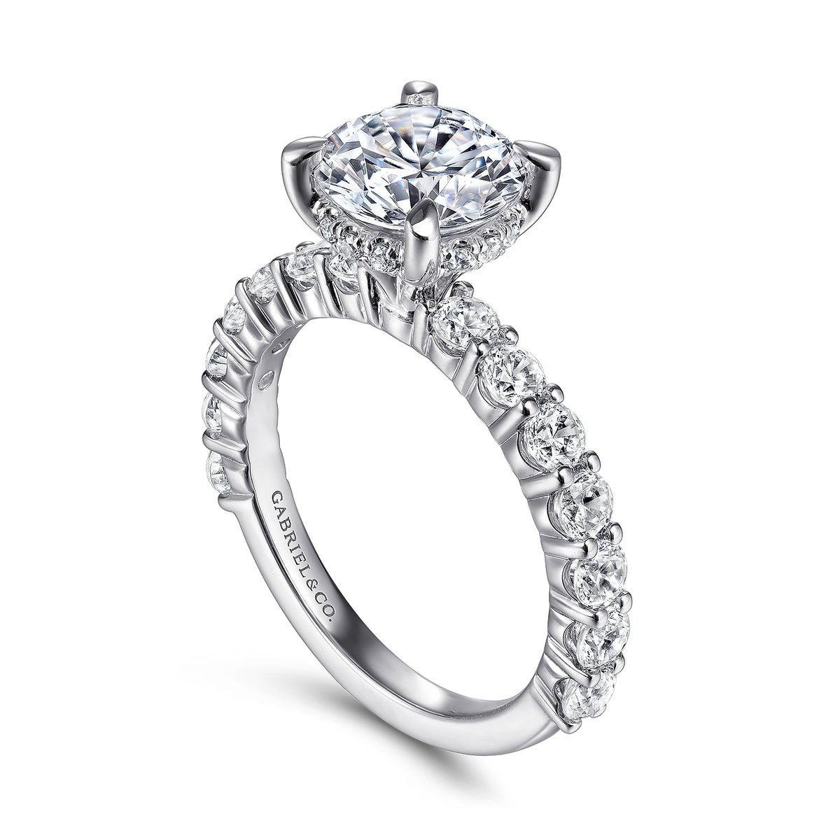 14K White Gold Round Diamond Engagement Ring — Gabriel & Co. ER14893R8W44JJ; center stone shown for illustration, not included