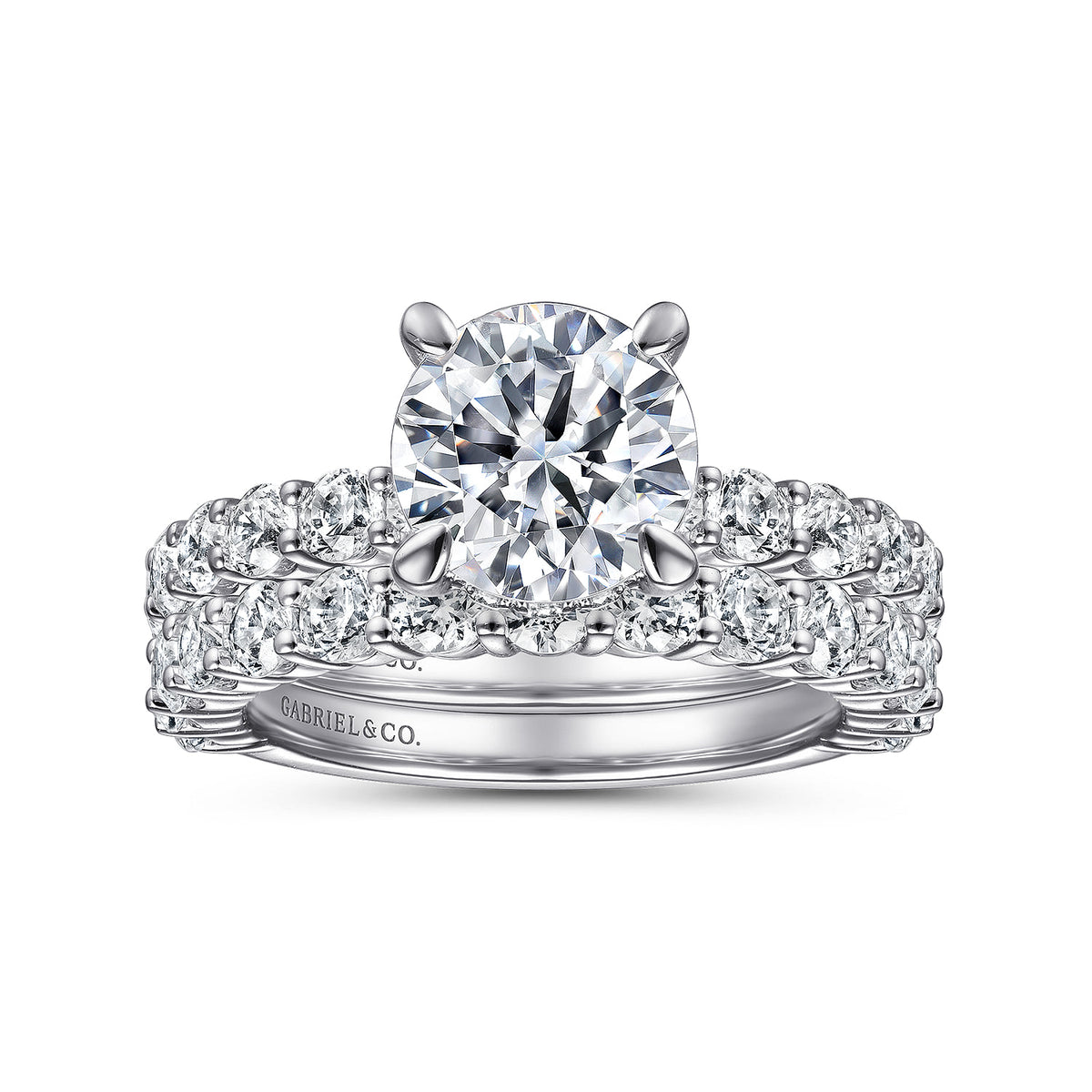 14K White Gold Round Diamond Engagement Ring — Gabriel & Co. ER14893R8W44JJ; center stone shown for illustration, not included