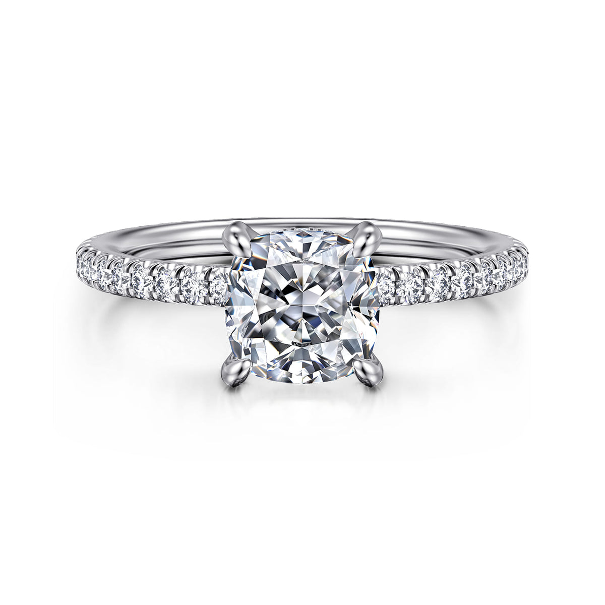 14K White Gold Cushion Cut Diamond Engagement Ring — ER14914C6W44JJ; center stone shown for illustration, not included