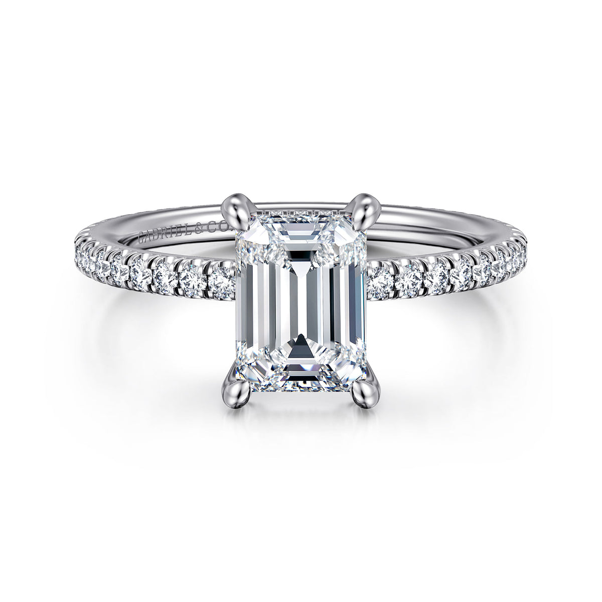 14K White Gold Emerald Cut Diamond Engagement Ring — ER14914E6W44JJ; center stone shown for illustration, not included