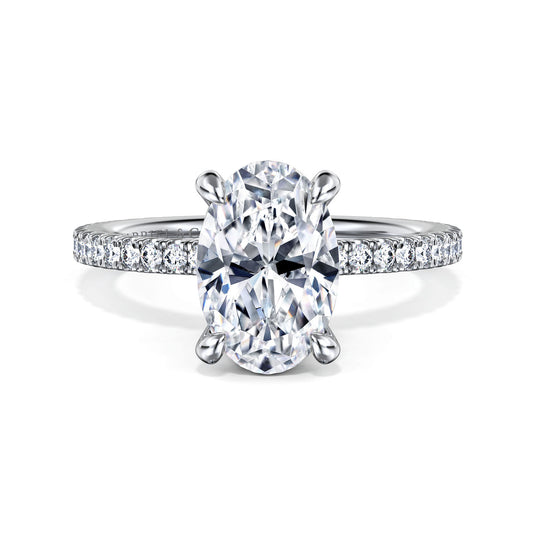 14K White Gold Oval Diamond Engagement Ring — Gabriel & Co. ER14914O8W44JJ; center stone shown for illustration, not included