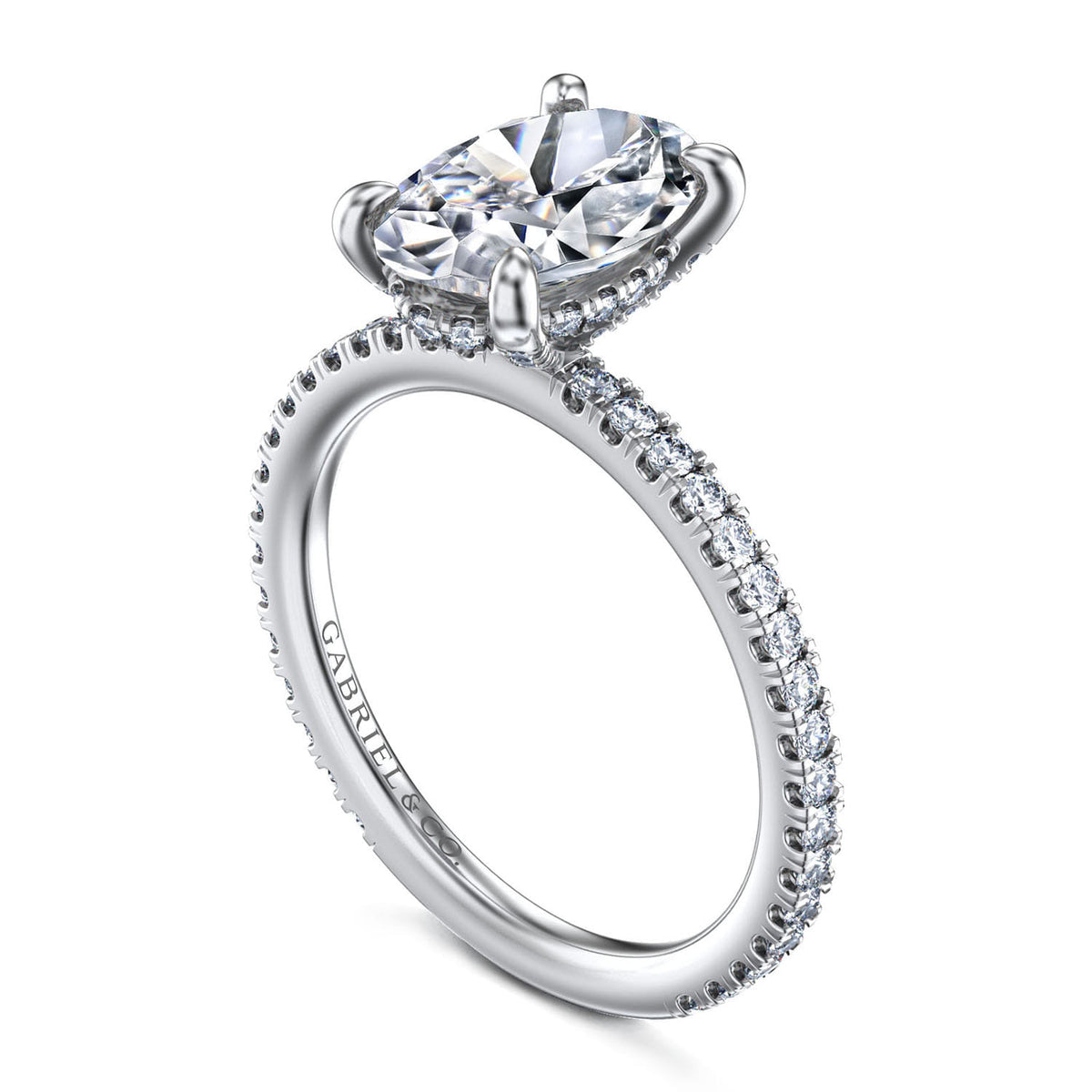 14K White Gold Oval Diamond Engagement Ring — Gabriel & Co. ER14914O8W44JJ; center stone shown for illustration, not included