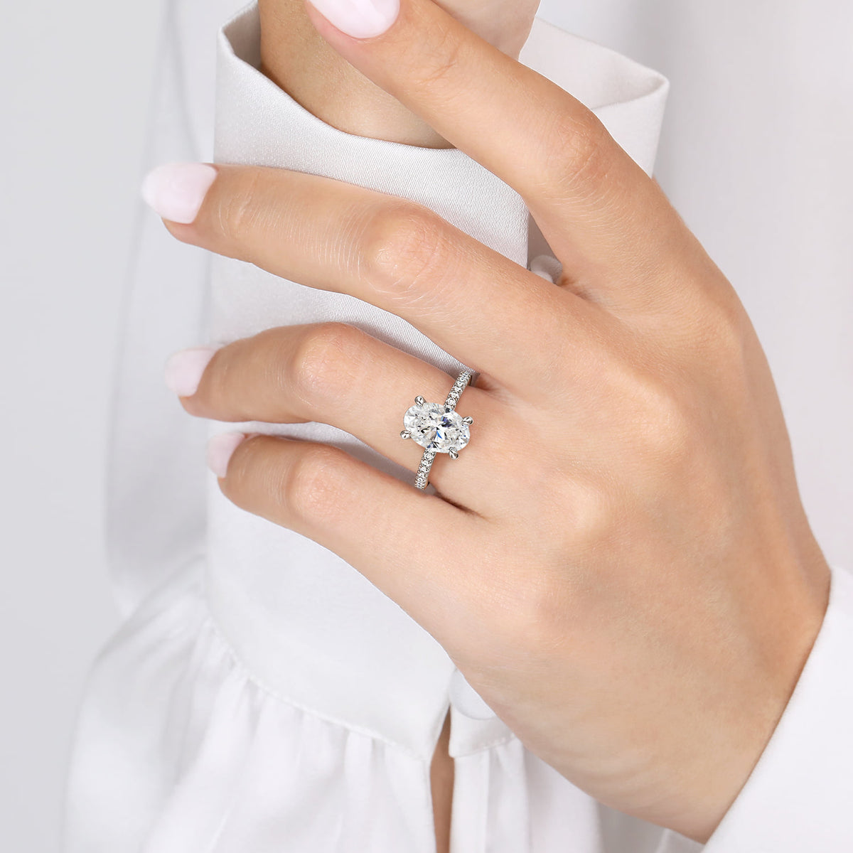 14K White Gold Oval Diamond Engagement Ring — Gabriel & Co. ER14914O8W44JJ; center stone shown for illustration, not included