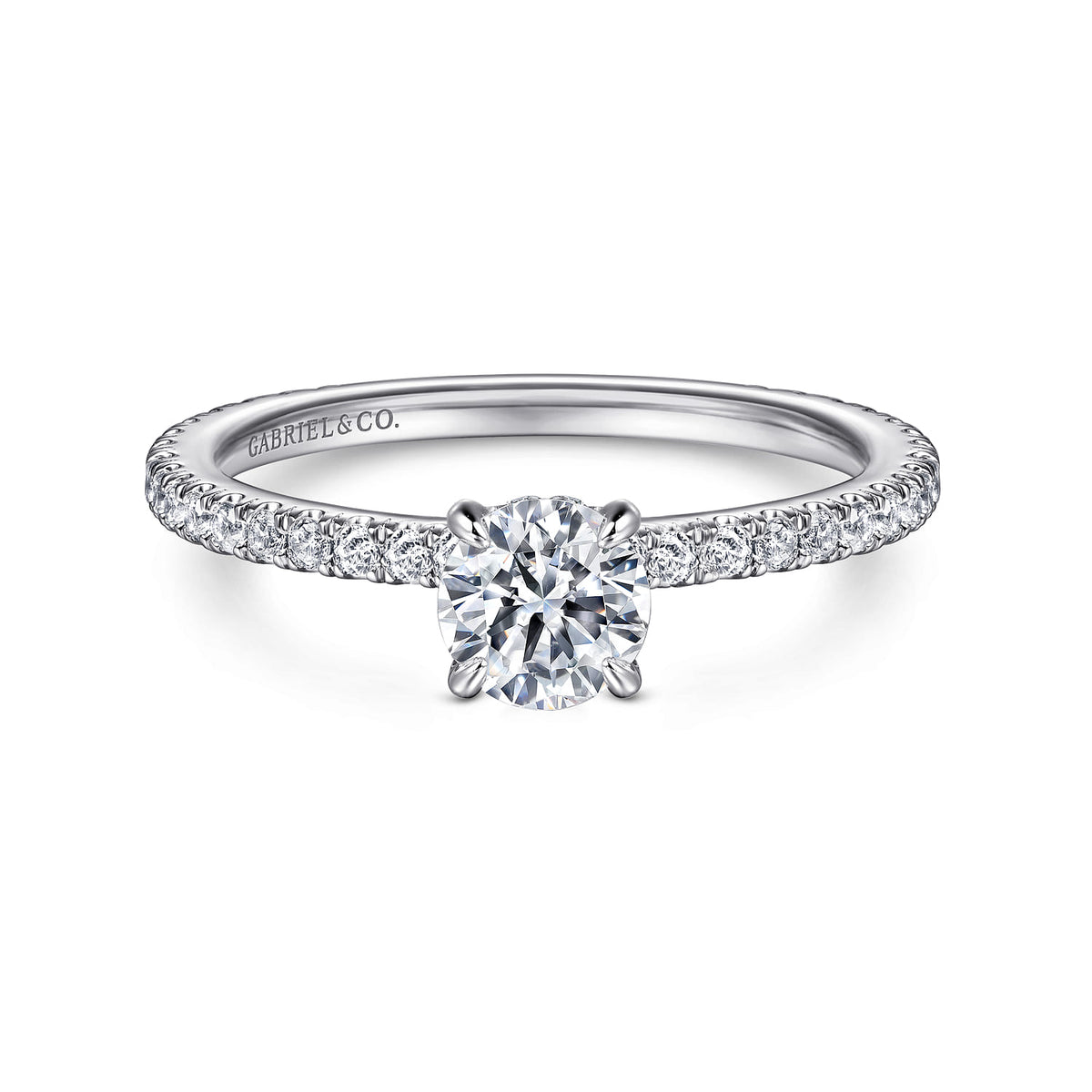14K White Gold Round Diamond Engagement Ring — ER14914R2W44JJ; center stone shown for illustration, not included