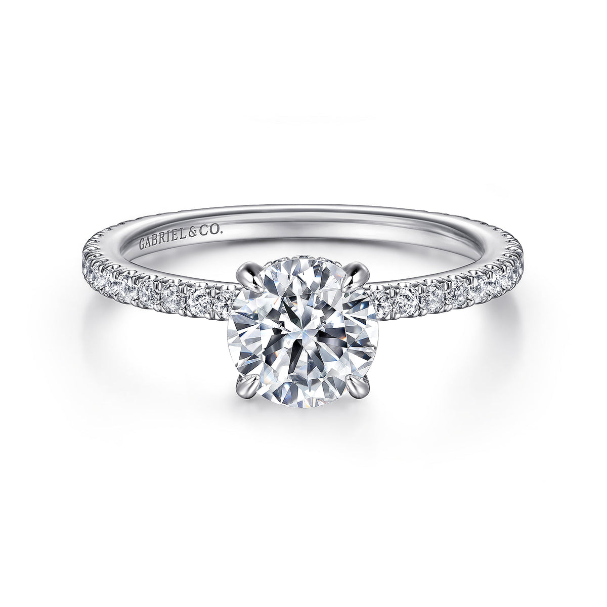 14K White Gold Round Diamond Engagement Ring — ER14914R4W44JJ; center stone shown for illustration, not included