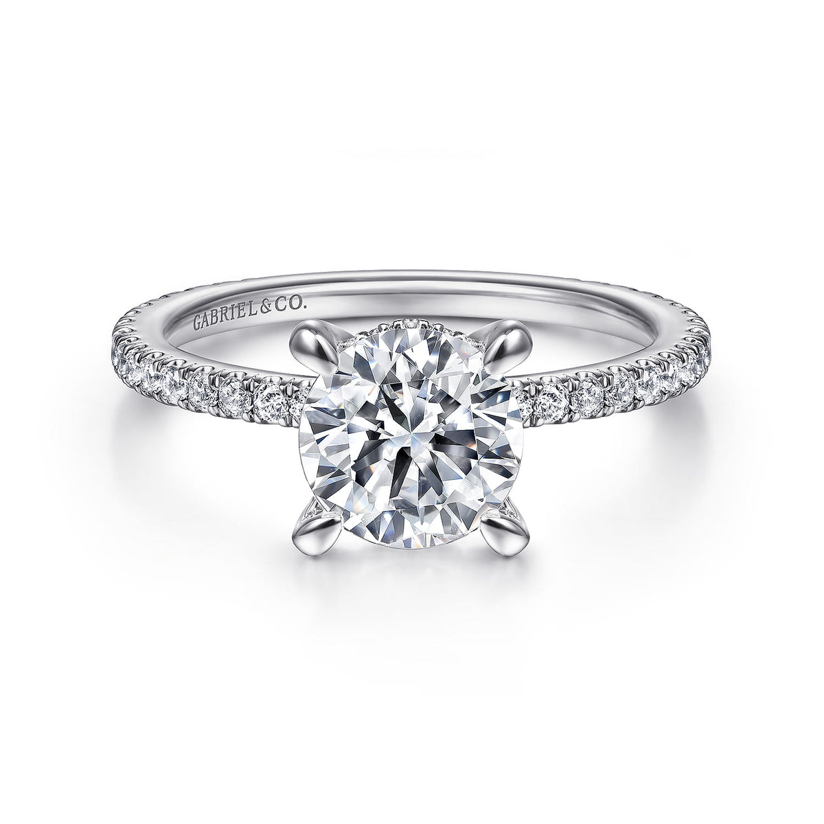 14K White Gold Round Diamond Engagement Ring — ER14914R5W44JJ; center stone shown for illustration, not included