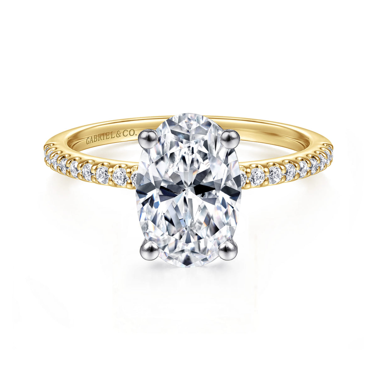 14K White-Yellow Gold Oval Diamond Engagement Ring — Gabriel & Co. ER14918O8M44JJ; center stone shown for illustration, not included