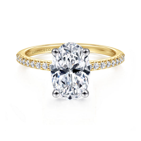 14K White-Yellow Gold Oval Diamond Engagement Ring — Gabriel & Co. ER14918O8M44JJ; center stone shown for illustration, not included