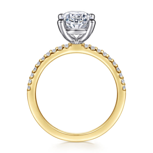 14K White-Yellow Gold Oval Diamond Engagement Ring — Gabriel & Co. ER14918O8M44JJ; center stone shown for illustration, not included