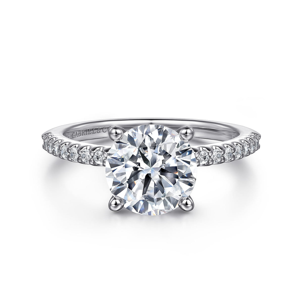 Platinum Round Diamond Engagement Ring — Gabriel & Co. ER14918R8PT4JJ; center stone shown for illustration, not included