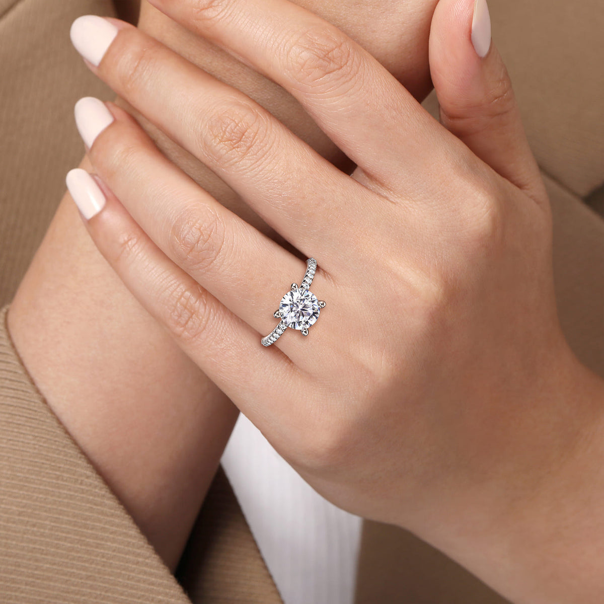 Platinum Round Diamond Engagement Ring — Gabriel & Co. ER14918R8PT4JJ; center stone shown for illustration, not included