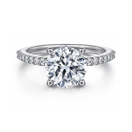 14K White Gold Round Diamond Engagement Ring — Gabriel & Co. ER14918R8W44JJ; center stone shown for illustration, not included