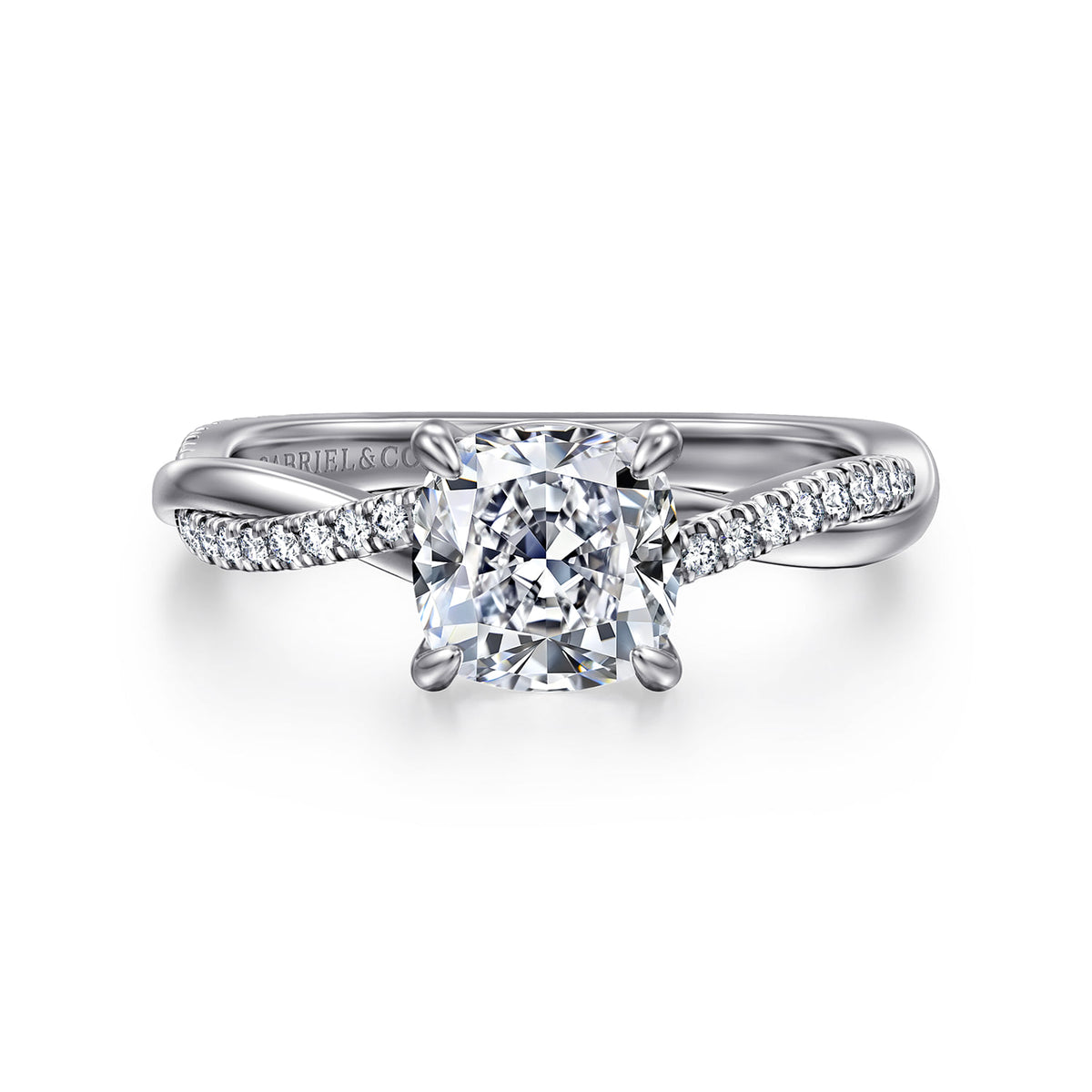 14K White Gold Cushion Cut Twisted Diamond Engagement Ring — ER14922C6W44JJ; center stone shown for illustration, not included
