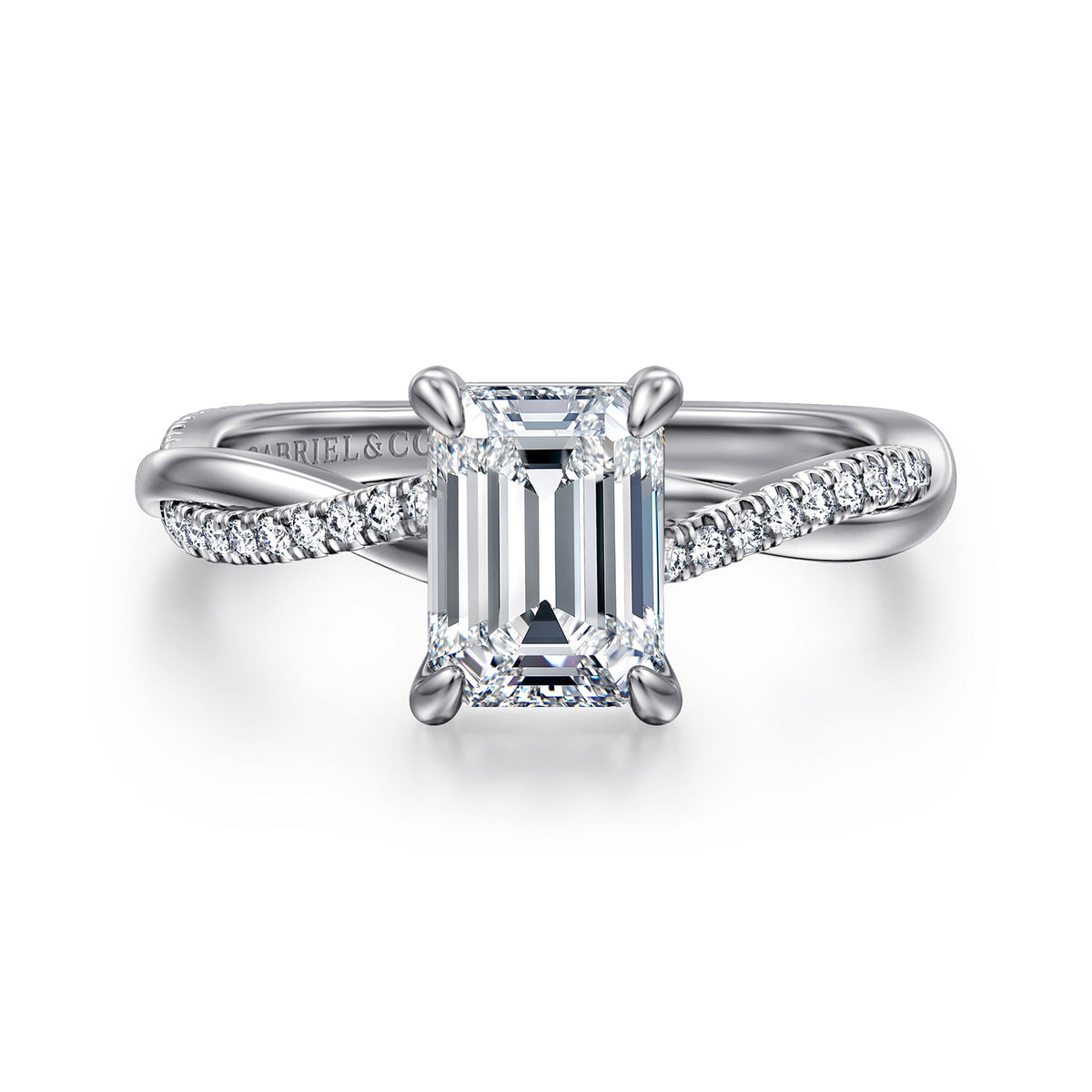 14K White Gold Emerald Cut Twisted Diamond Engagement Ring — ER14922E6W44JJ; center stone shown for illustration, not included