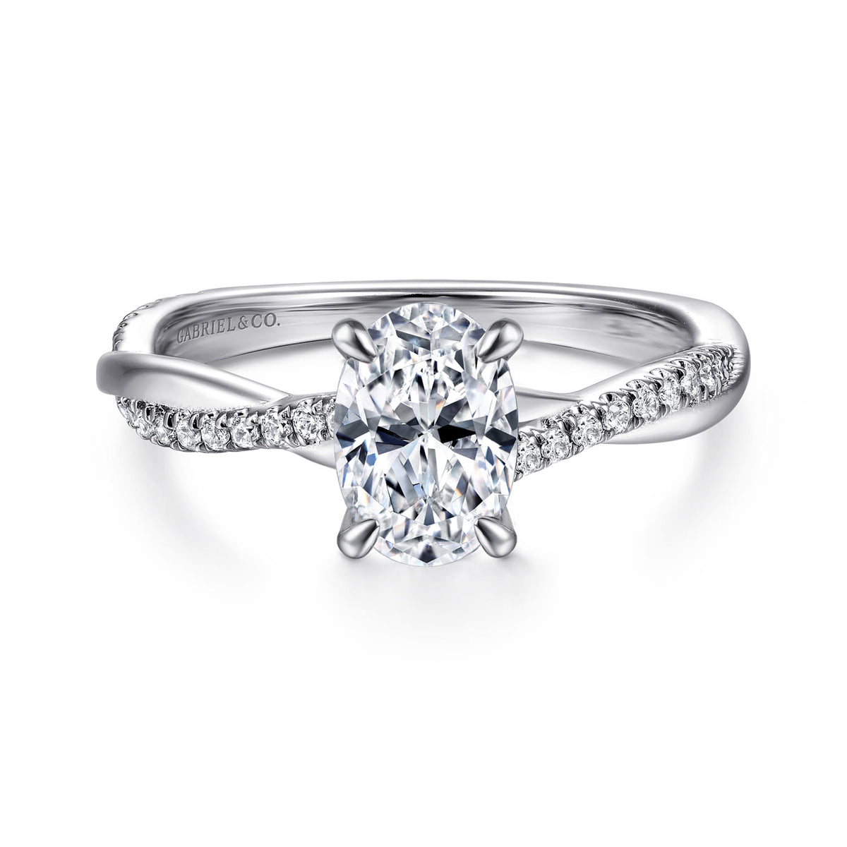 14K White Gold Oval Diamond Engagement Ring — Gabriel & Co. ER14922O4W44JJ; center stone shown for illustration, not included